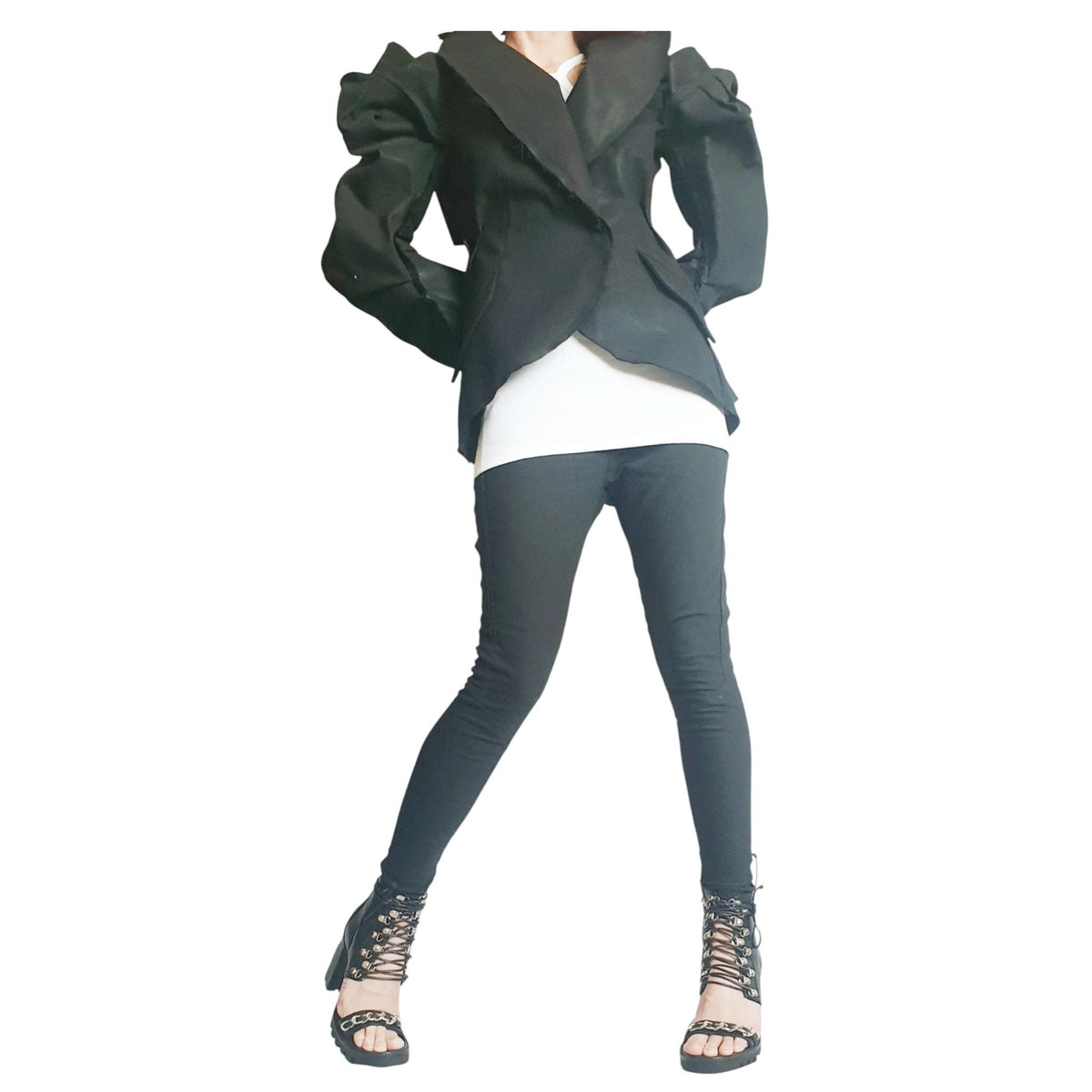 Asymmetric Black Denim Avant Garde Blazer Jacket for Women, Futuristic Deconstructed Fitted Style