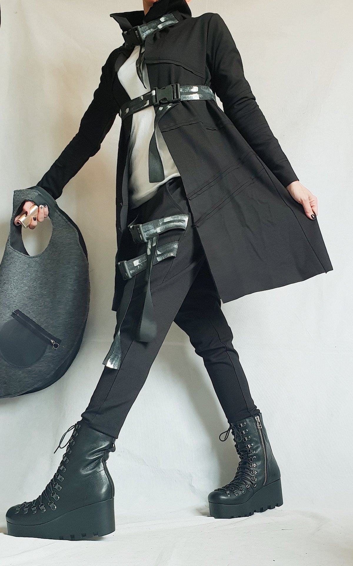 Black French Terry Drop Crotch Harem Pants, Asymmetrical Jacket with Decorative Straps, Co-Ord Set