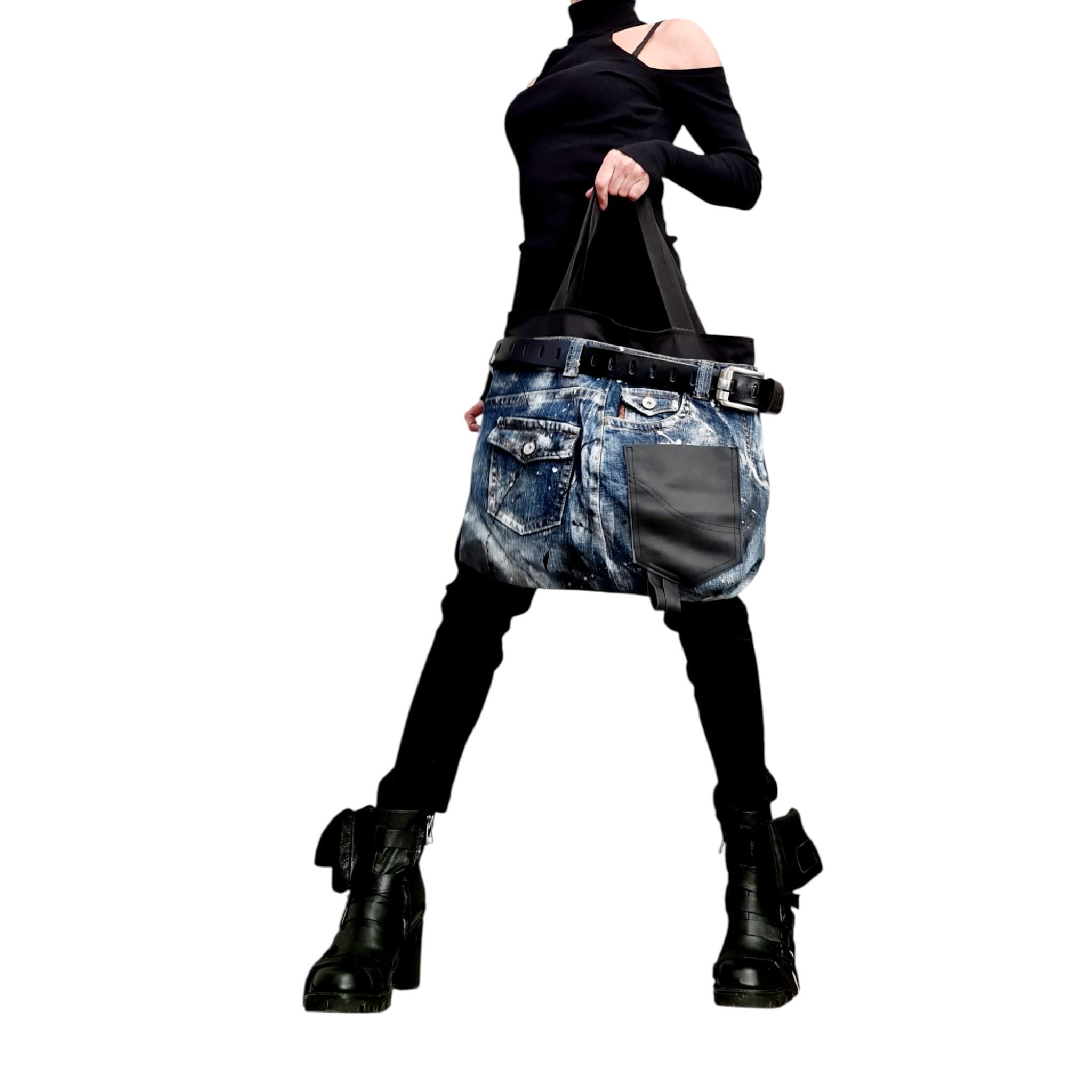 Hand-Painted Denim Tote Bag | Avant Garde Asymmetrical Designer Shoulder Bag