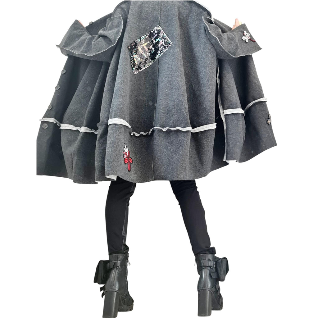 Grey Oversized Coat, Wide Trapeze Knee Jacket, Deconstructed Sleeves, Plus Size