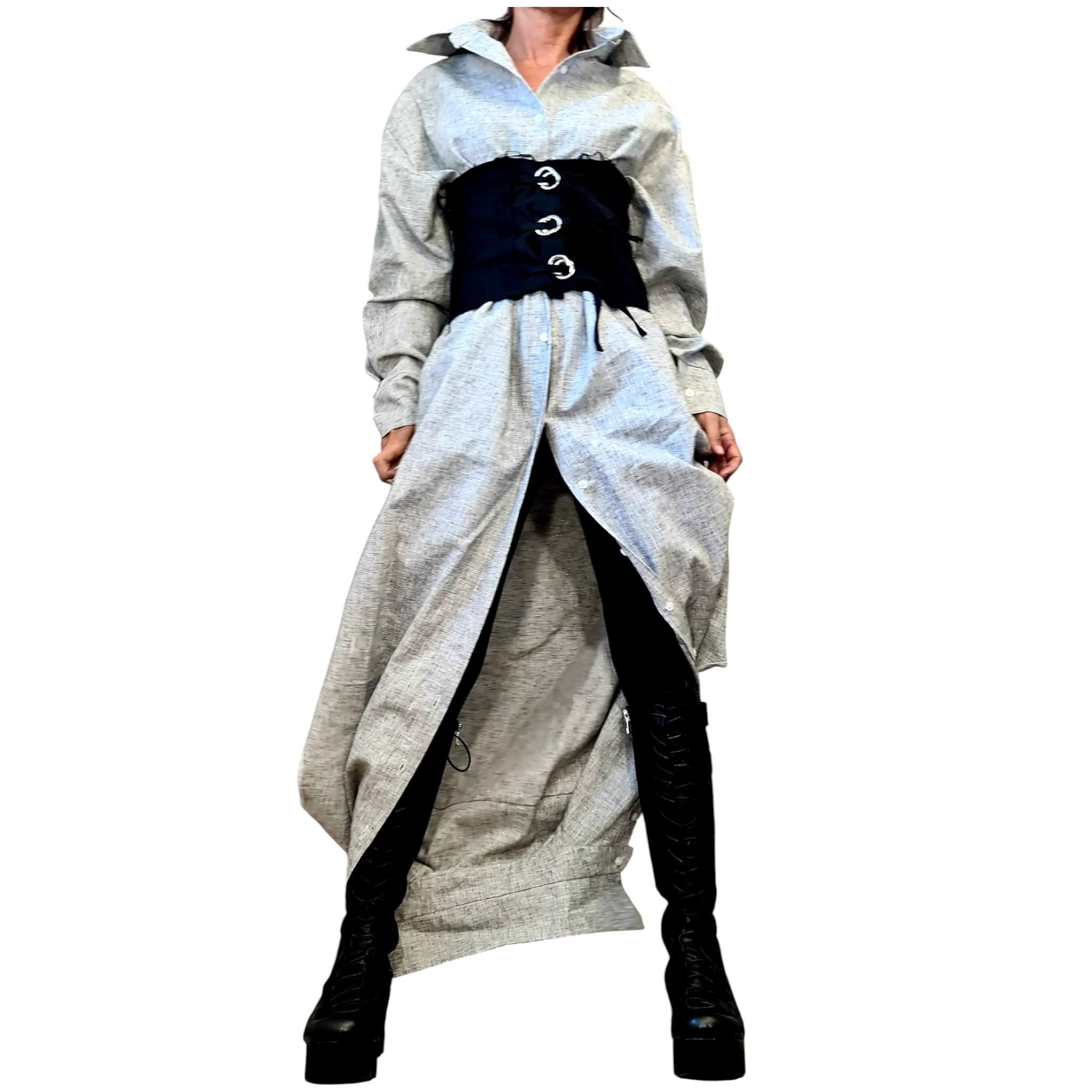 Grey Linen Transformable Shirt with Corset, Asymmetric Oversize Shirt