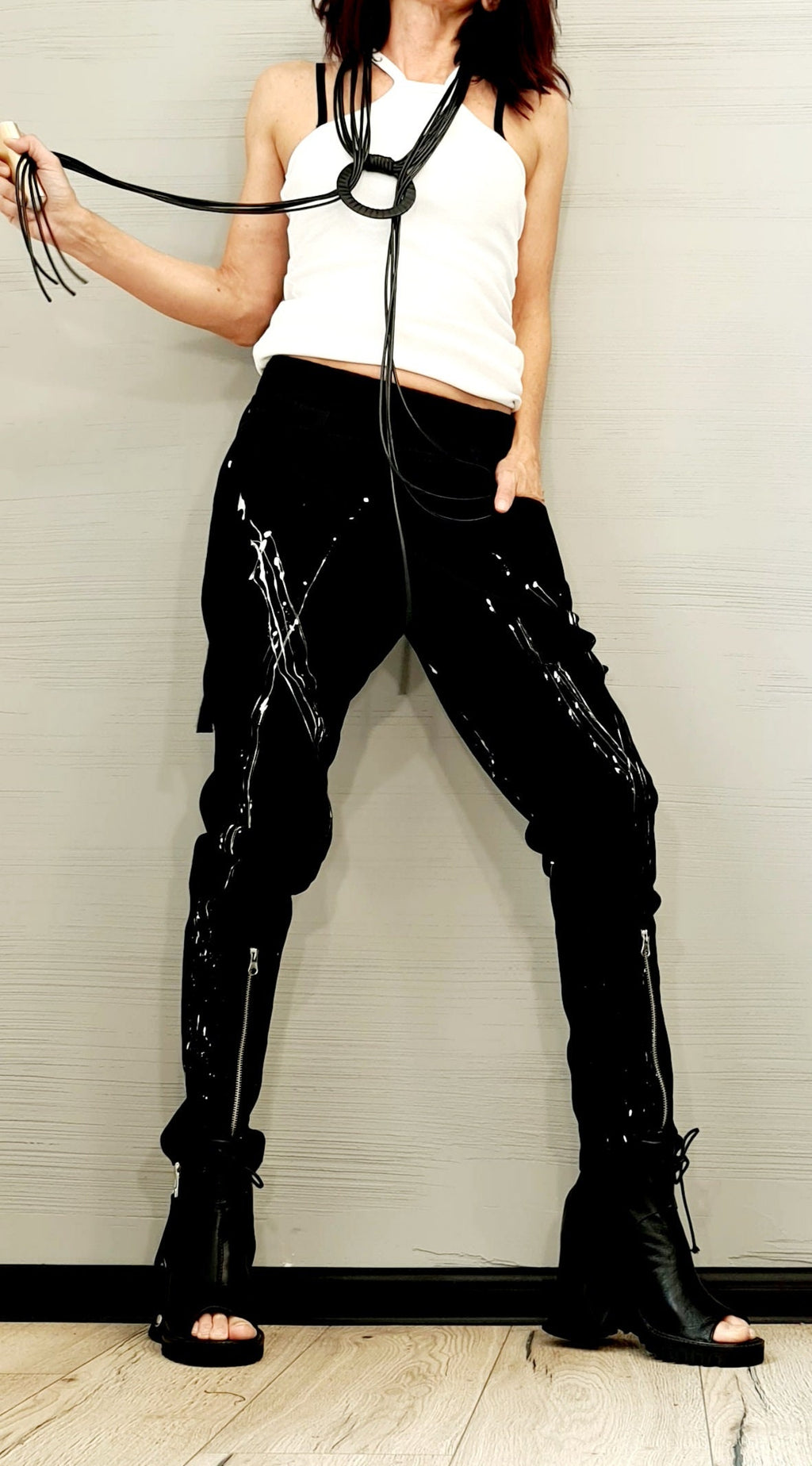 Extravagant Black Drop Crotch Pants, Zip Leg Trousers