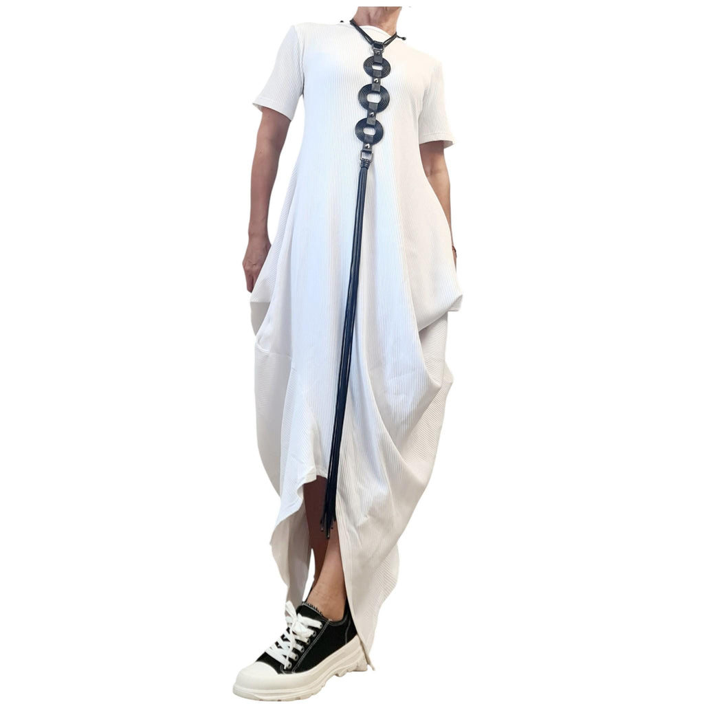 White Asymmetric Cotton Rib Maxi Dress, Avant Garde Loose Dress, Plus Size Clothing