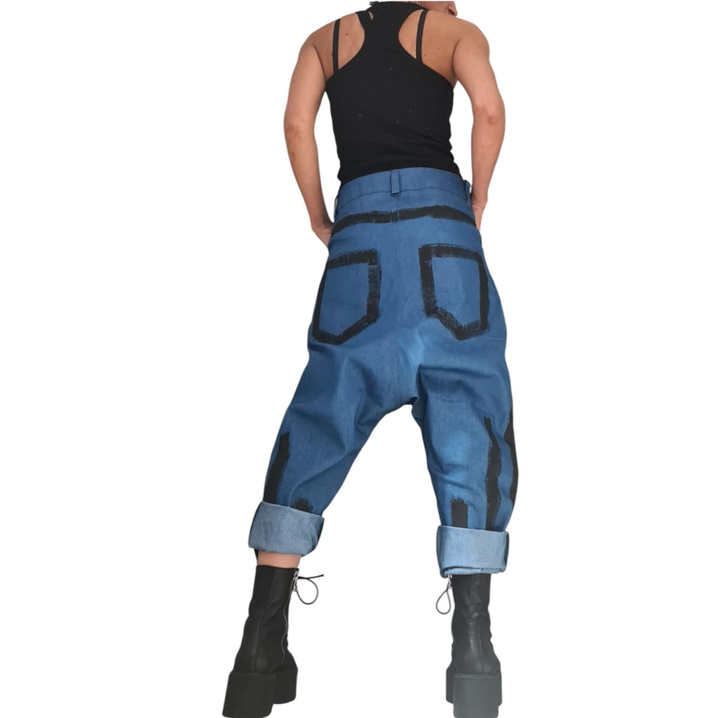 Denim Harem Pants, Extravagant Deep Drop Crotch Pants for Women
