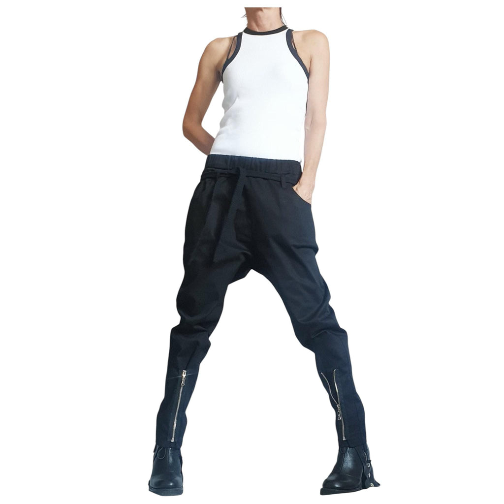 Black Drop Crotch Trousers, Zip Detail Pants for Tapered Leg
