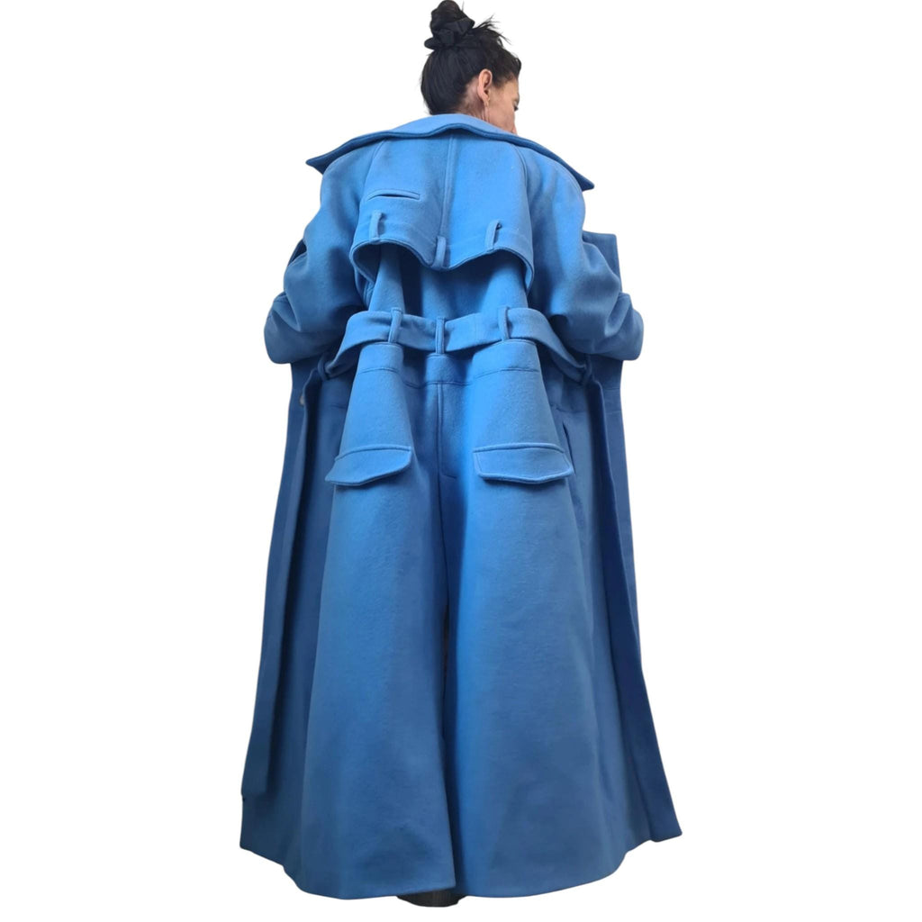 Blue Oversized Maxi Coat, Structured Shoulder Long Jacket, Belted Winter Trench