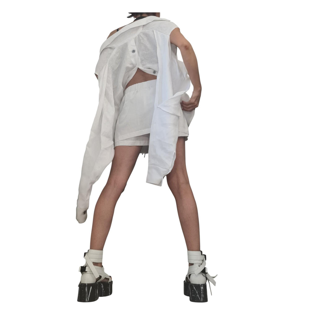 White Linen Two Piece Set, Open Back Shirt and Shorts Skirt