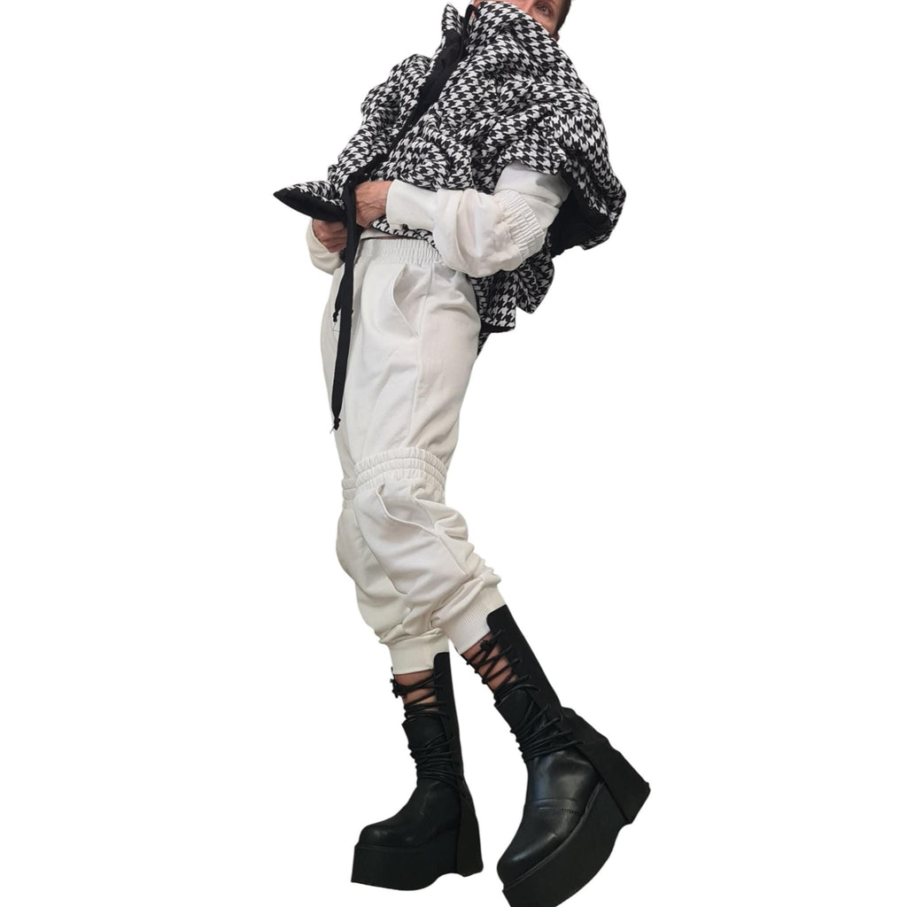 Black White Houndstooth Puffer Vest, Oversized Asymmetric Gilet, Quilted Sleeveless Winter Jacket