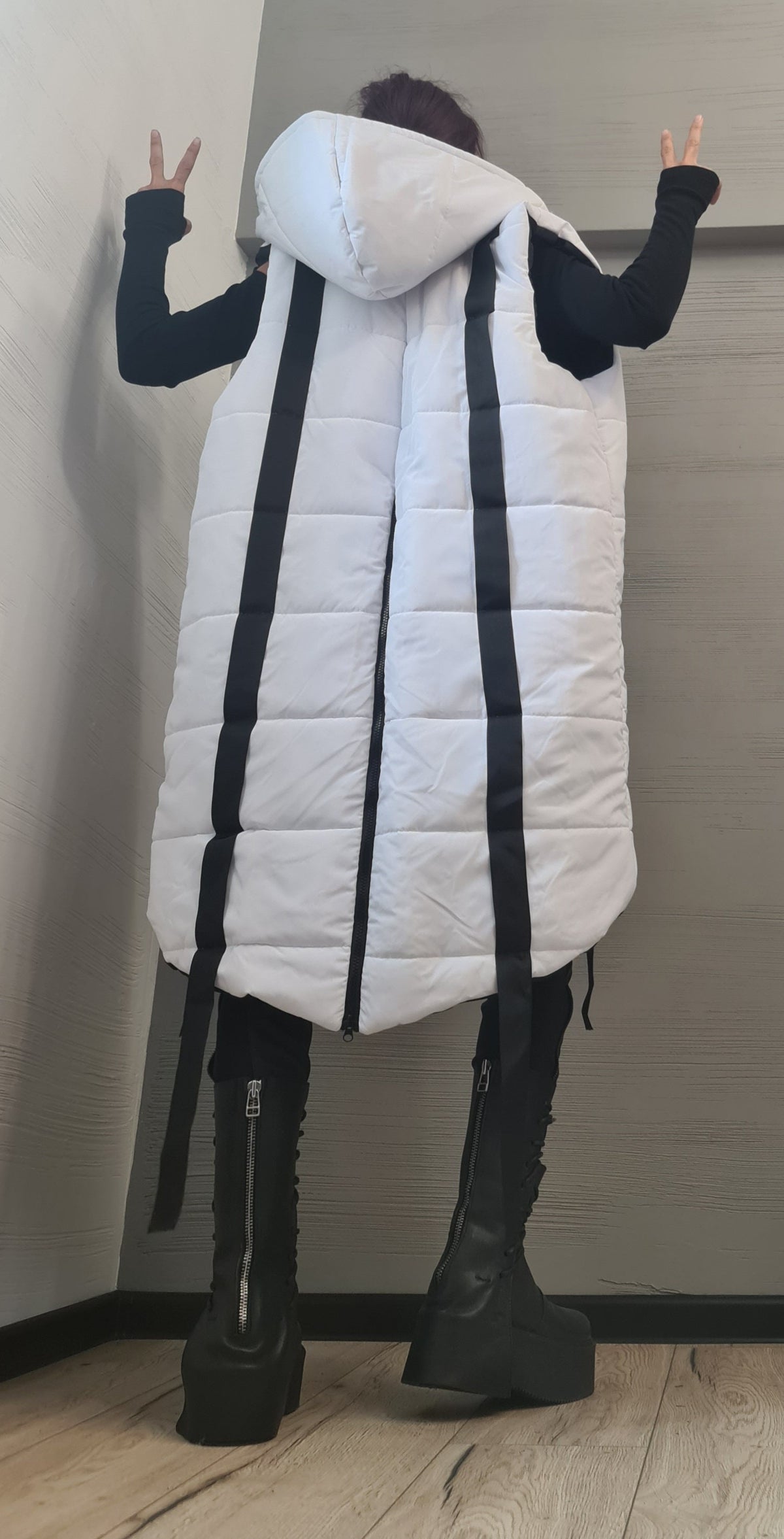 White Oversized Hooded Puffer Vest, Asymmetrical Sleeveless Winter Coat, Black Stripes, Plus Size