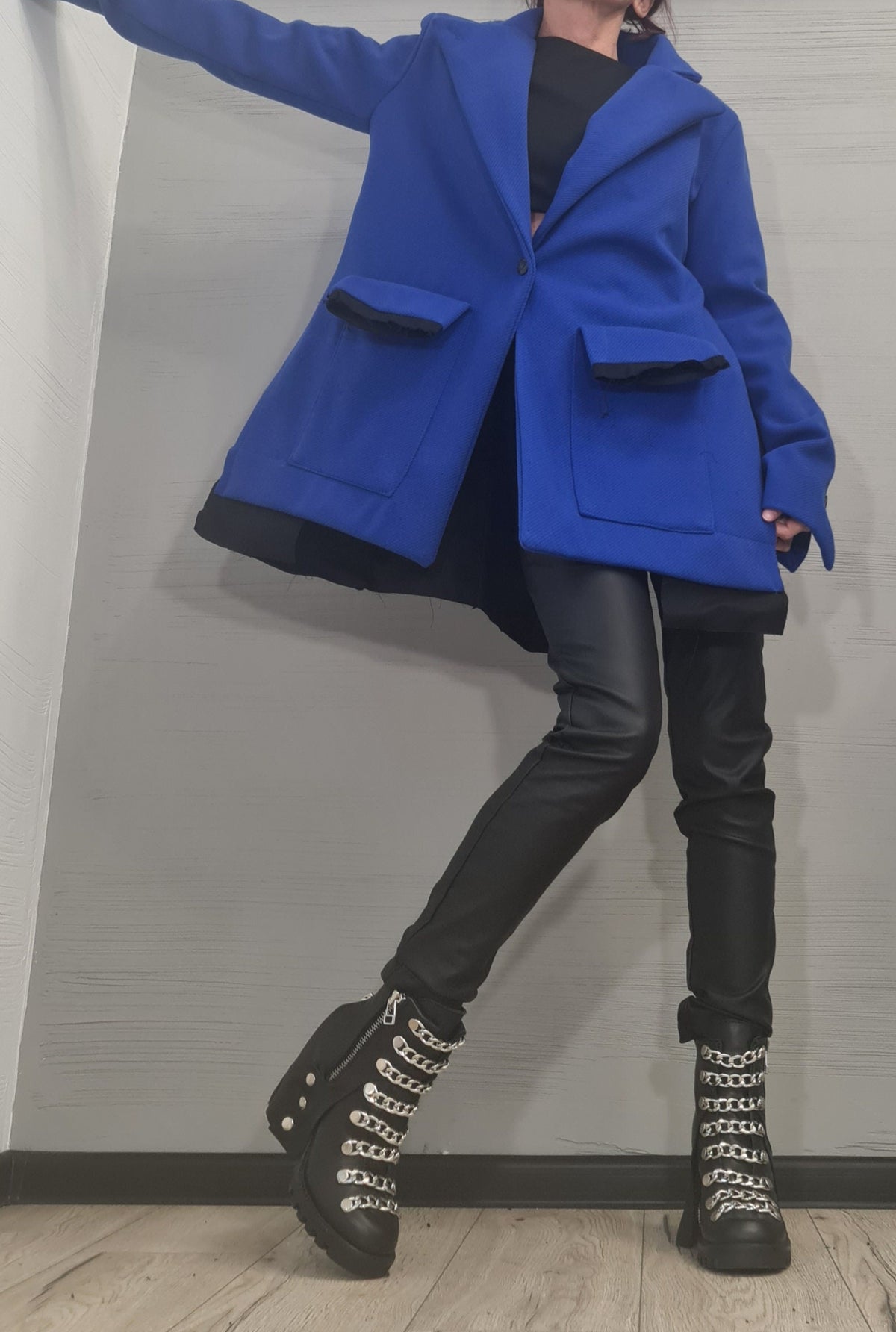 Royal Blue Asymmetrical Winter Coat, Oversized Lapels and Patch Pockets, Plus Size Flared Jacket