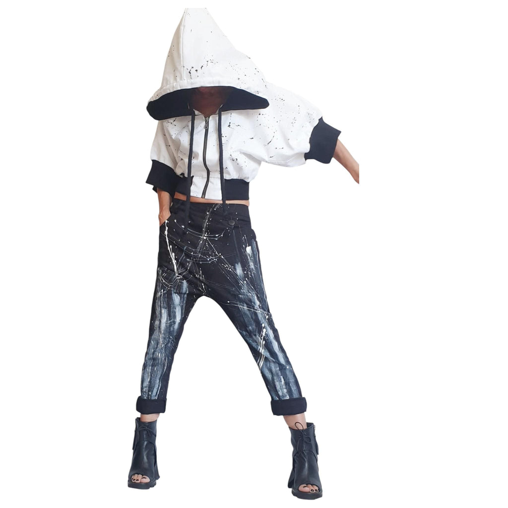 White Black Bomber Jacket Oversized Hooded Denim Coat | Urban Plus Size Streetwear for Women