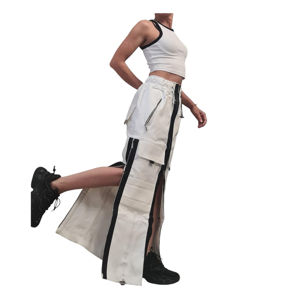 White Denim Maxi Skirt, Black Zipper Details, Cargo Pocket Skirt Avant Garde Clothing