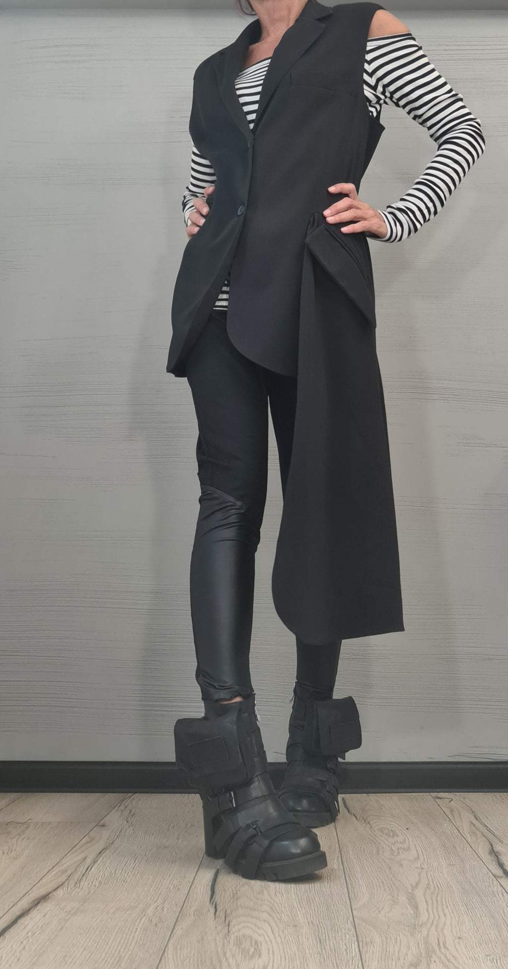 Black Asymmetrical Oversized Vest, Sleeveless Draped Jacket, Extended Side Panel, Waist Tie