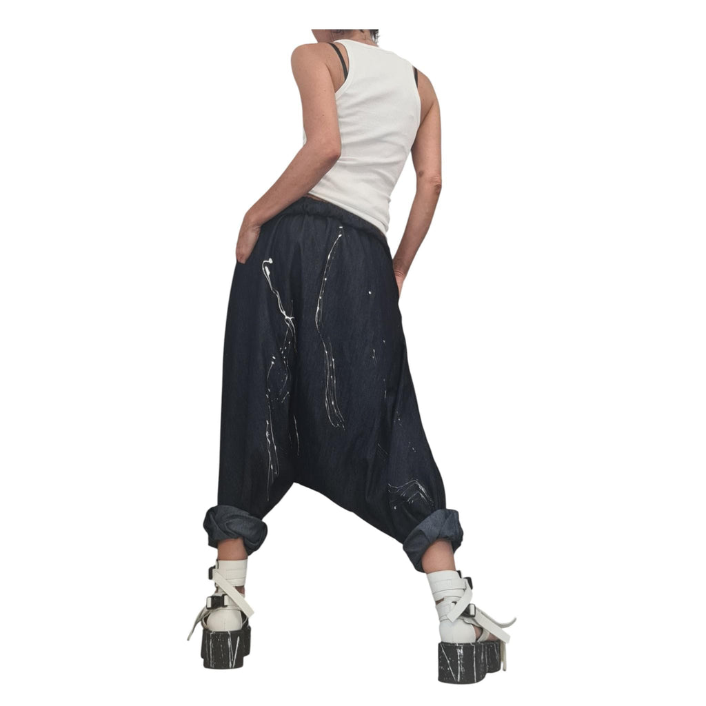 Extravagant Denim Harem Trousers, Avant Garde Deep Drop Crotch Pants for Women