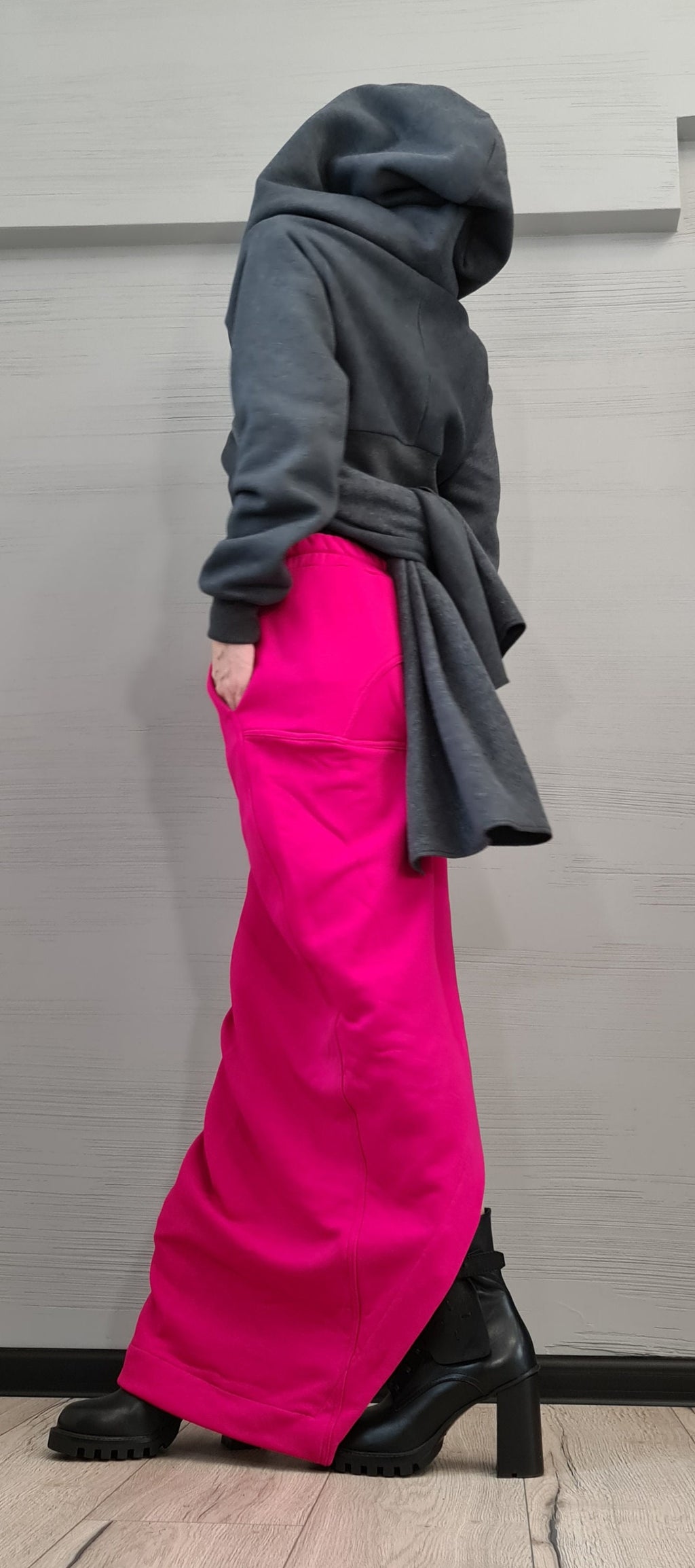 Grey Cotton Hooded Cardigan, Long Asymmetric Wrap Jacket, Cropped Back