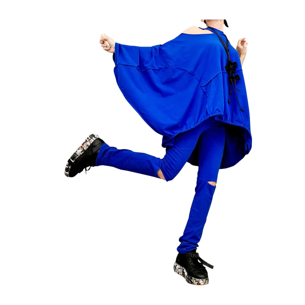 Royal Blue Cotton Leggings, Cutout Knees, Oversized Asymmetrical Draped Batwing Tunic, Two-Piece Co-Ord Set