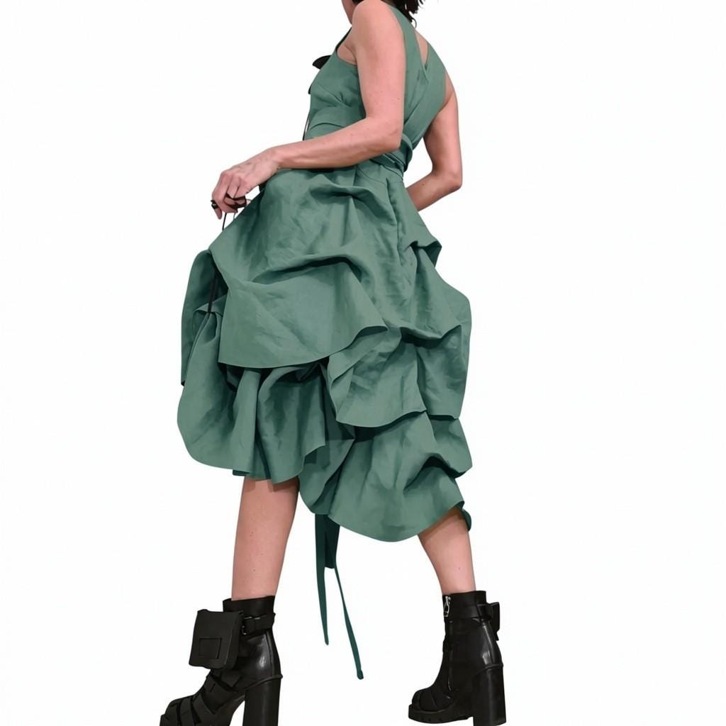 Olive Green Linen Asymmetric Midi Dress, Boho Wedding Guest Outfit