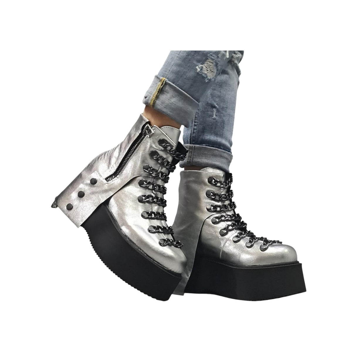 Silver Leather Platform Ankle Boots, Gothic Women Shoes with Chains, Handmade Statement Footwear