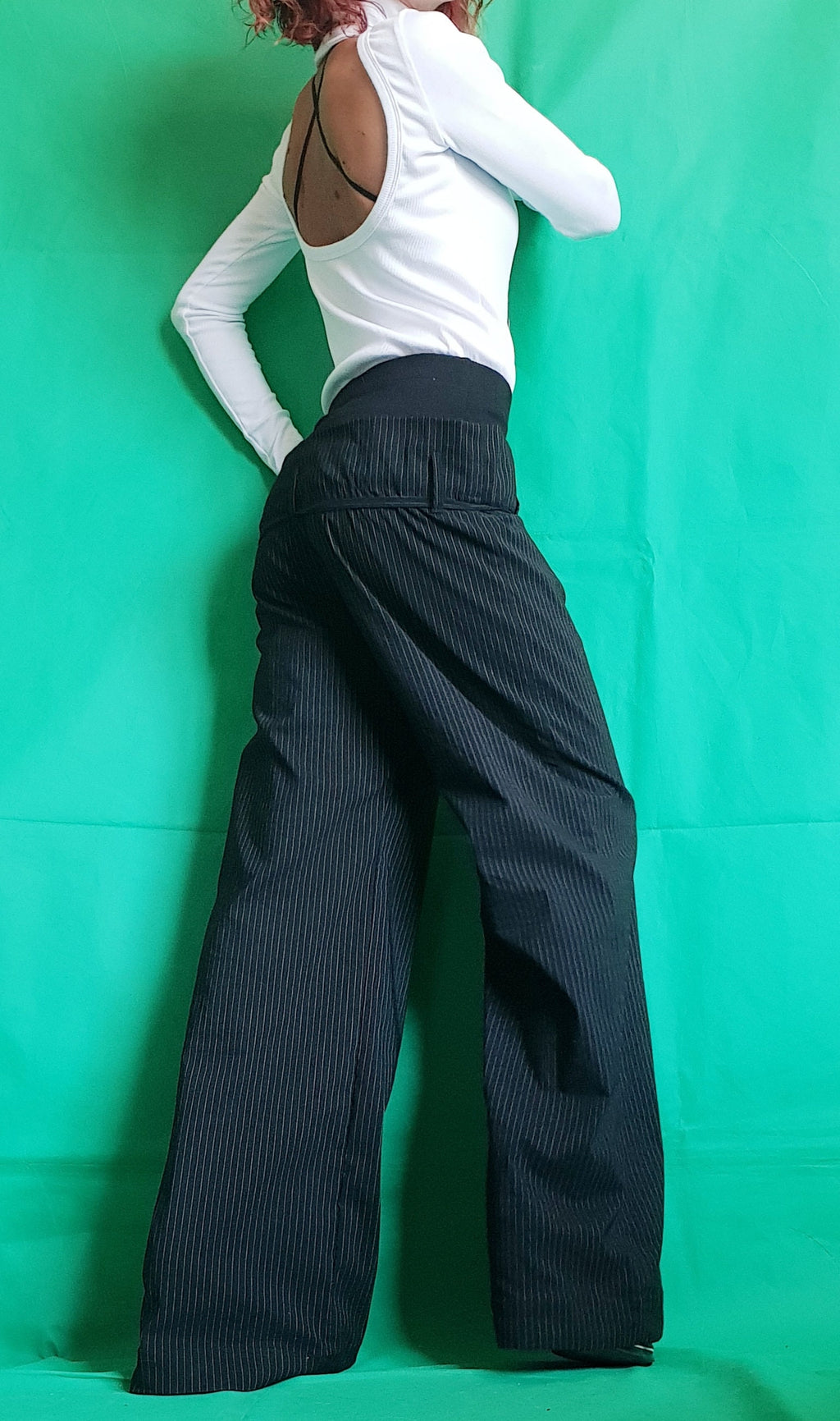 Black Pinstripe Baggy Pants, Double Waistband, Wide Leg Cotton Trousers, Drop Crotch