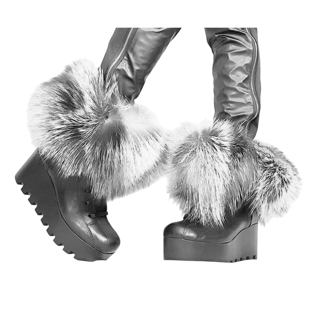 Fox Fur Wedge Boots, Platform Winter Booties, Handmade Leather Ankle Shoes