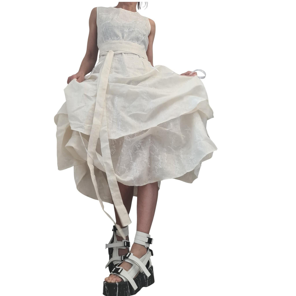 Champagne Linen Asymmetric Dress for Women, Sleeveless Layered Midi Dress, Graphic Sculptural Skirt Avantgarde