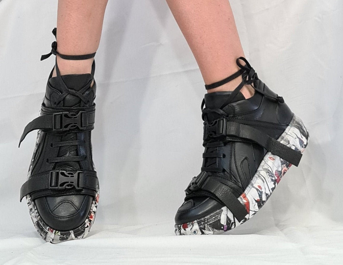 Black Leather Sneakers, Gothic Grunge Trainers, Colored Sole Women Footwear