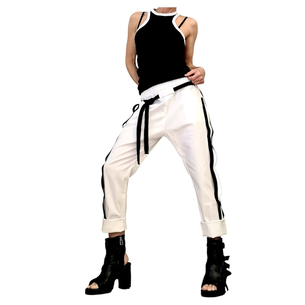 White Cotton Tapered Pants, Double Side Stripes, Drop Crotch