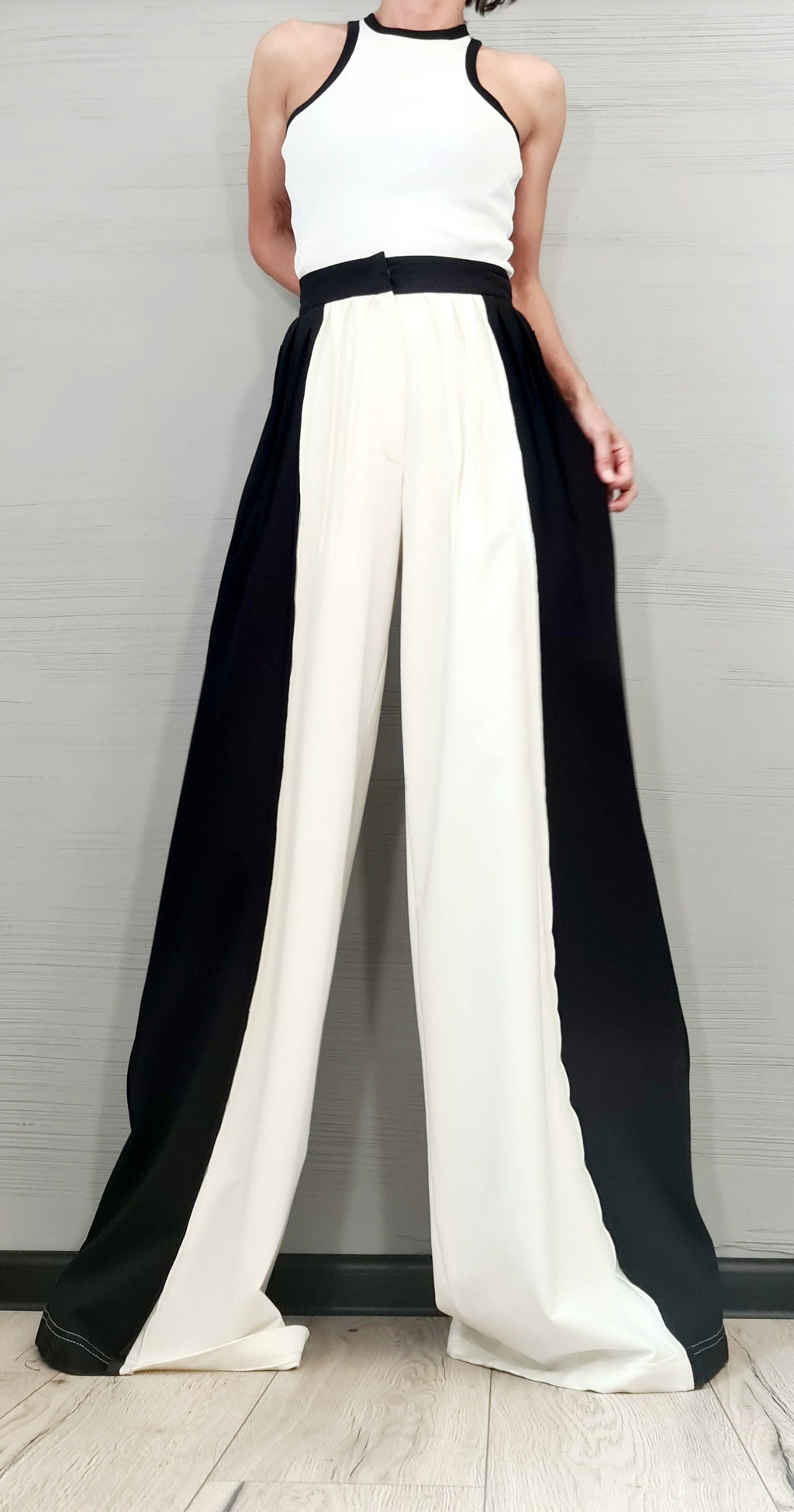 Black White French Terry Pants, Drop Crotch Trousers, Wide Leg Design