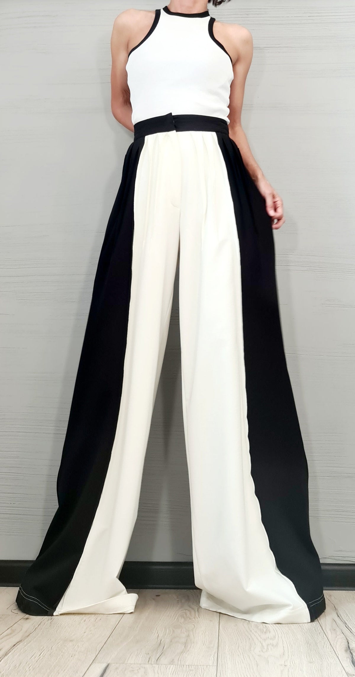 Black White French Terry Pants, Drop Crotch Trousers, Wide Leg Design