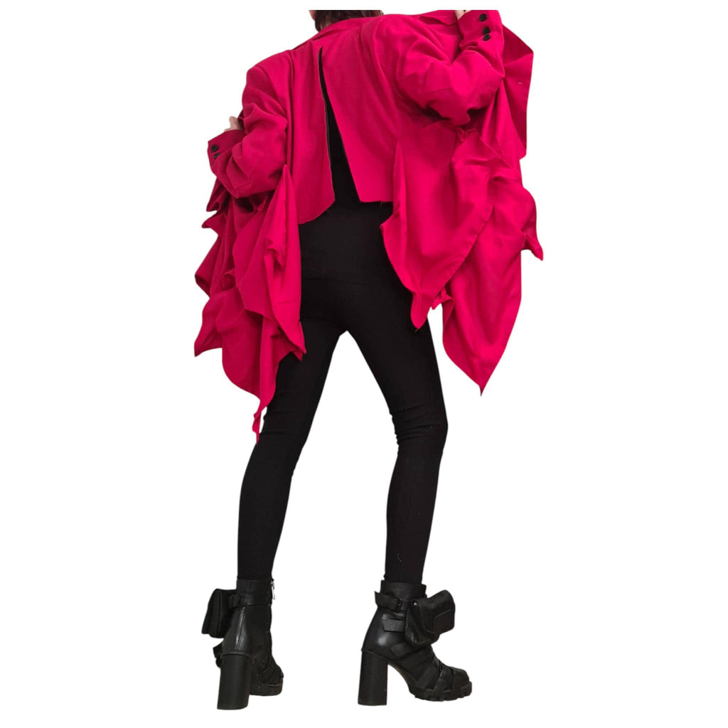 Red Linen Asymmetric Jacket, Open Back Short, Long Front Ruched Design, Avant Garde Blazer