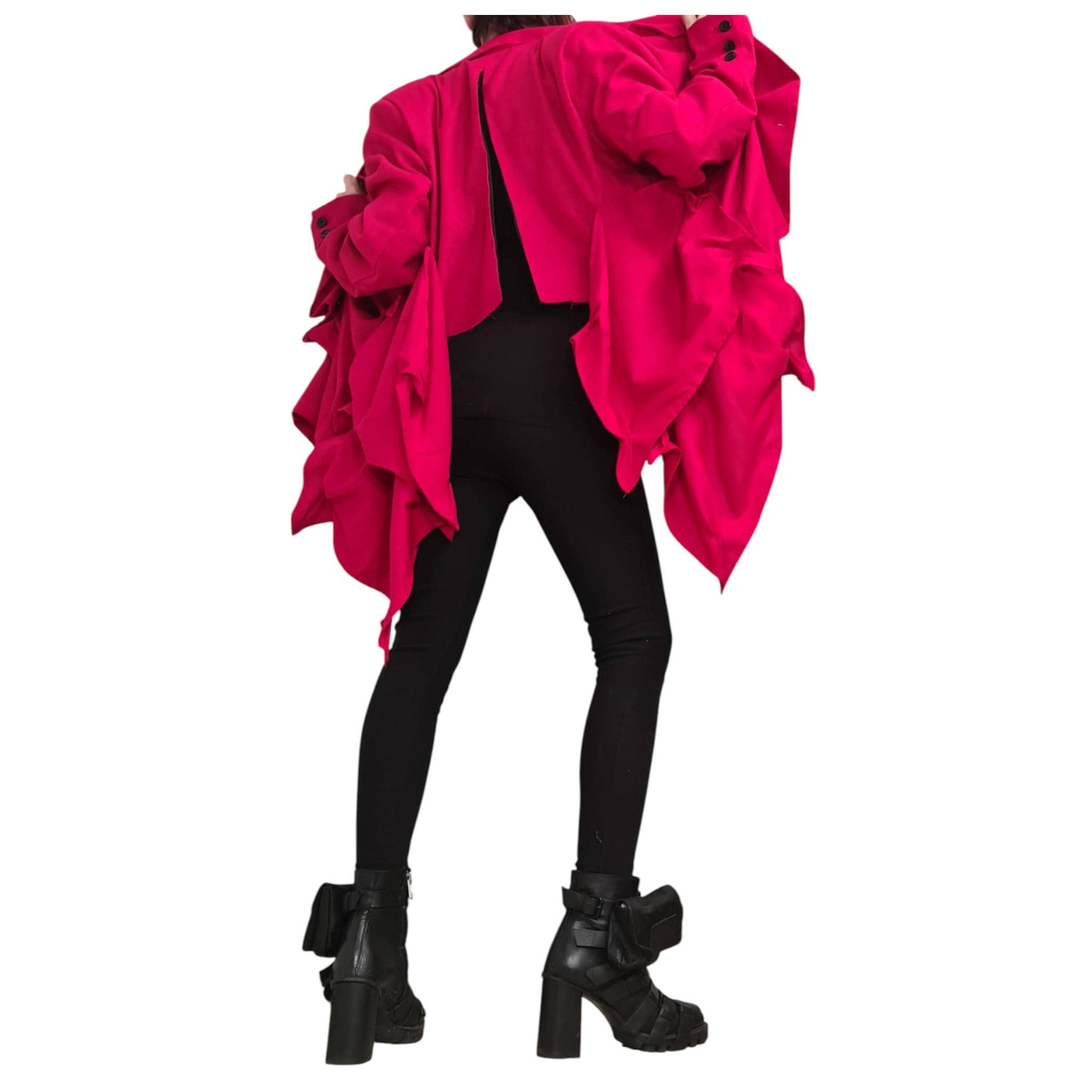 Red Linen Asymmetric Jacket, Open Back Short, Long Front Ruched Design, Avant Garde Blazer