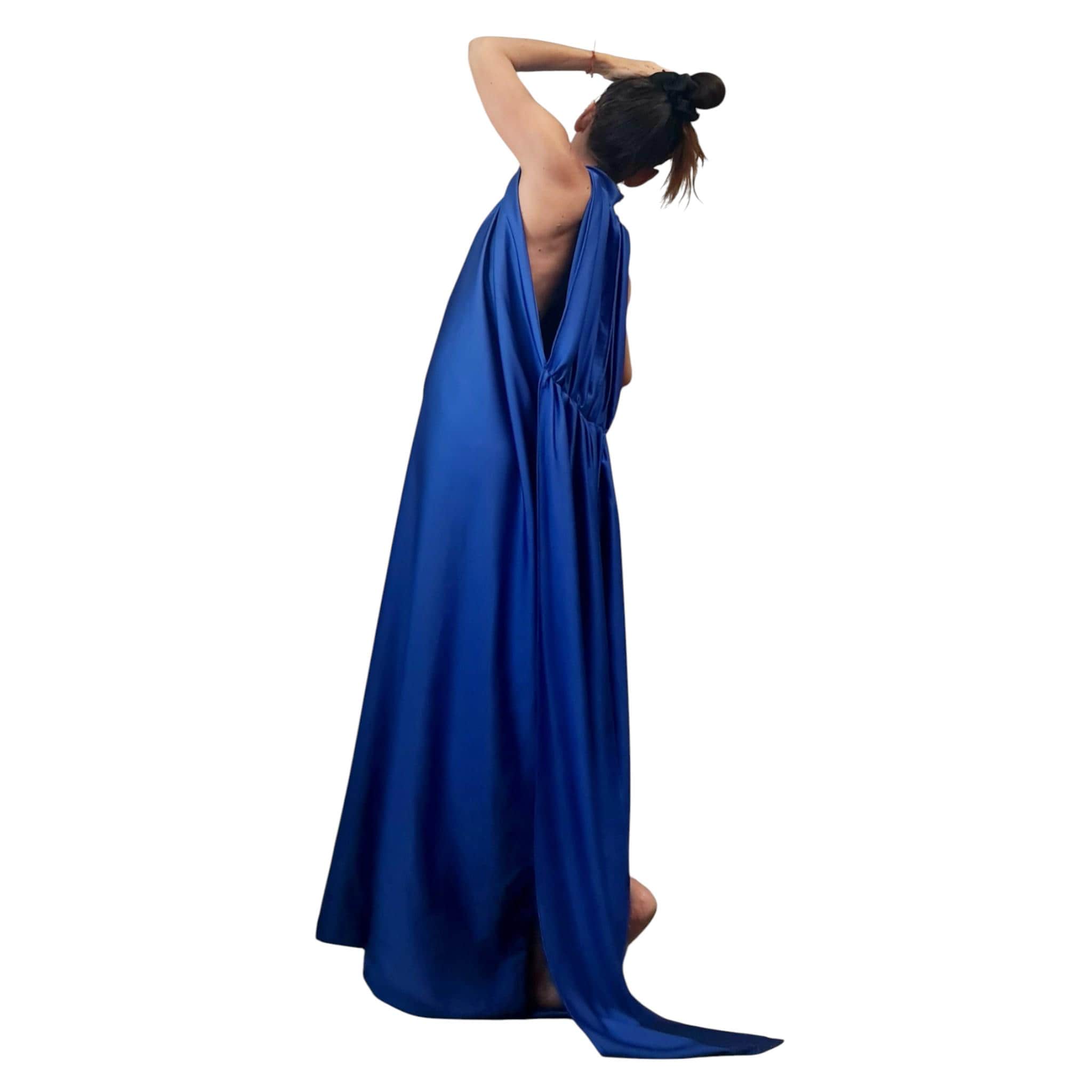 Royal Blue Draped Maxi Dress – Avant-Garde Open Back Grecian Gown