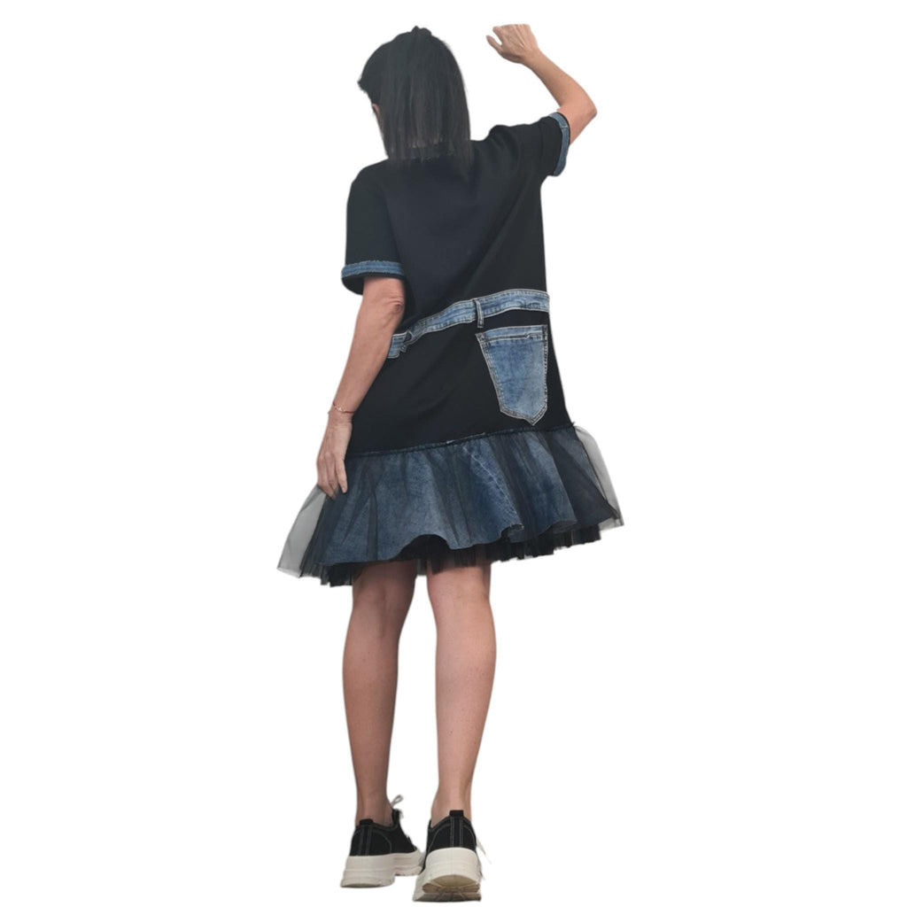 Oversized Cotton Tunic Dress, Denim Elements, Layered Tulle Skirt, Streetwear Style