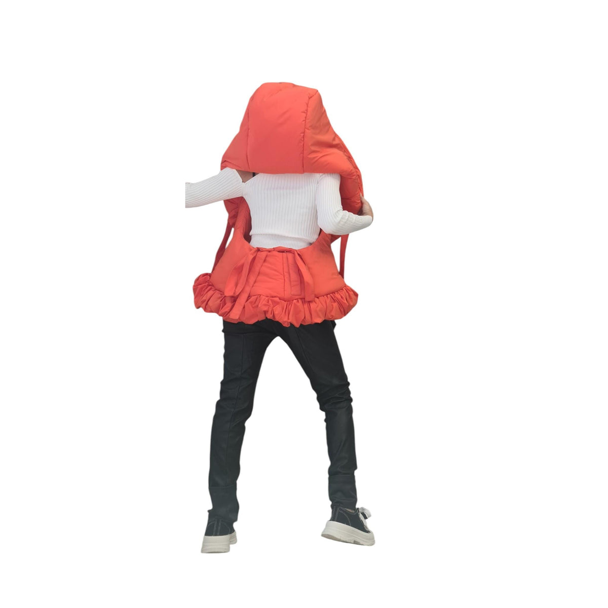 Orange Oversized Puffer Vest, Big Hood Sleeveless Jacket, Ruffled Winter Outerwear