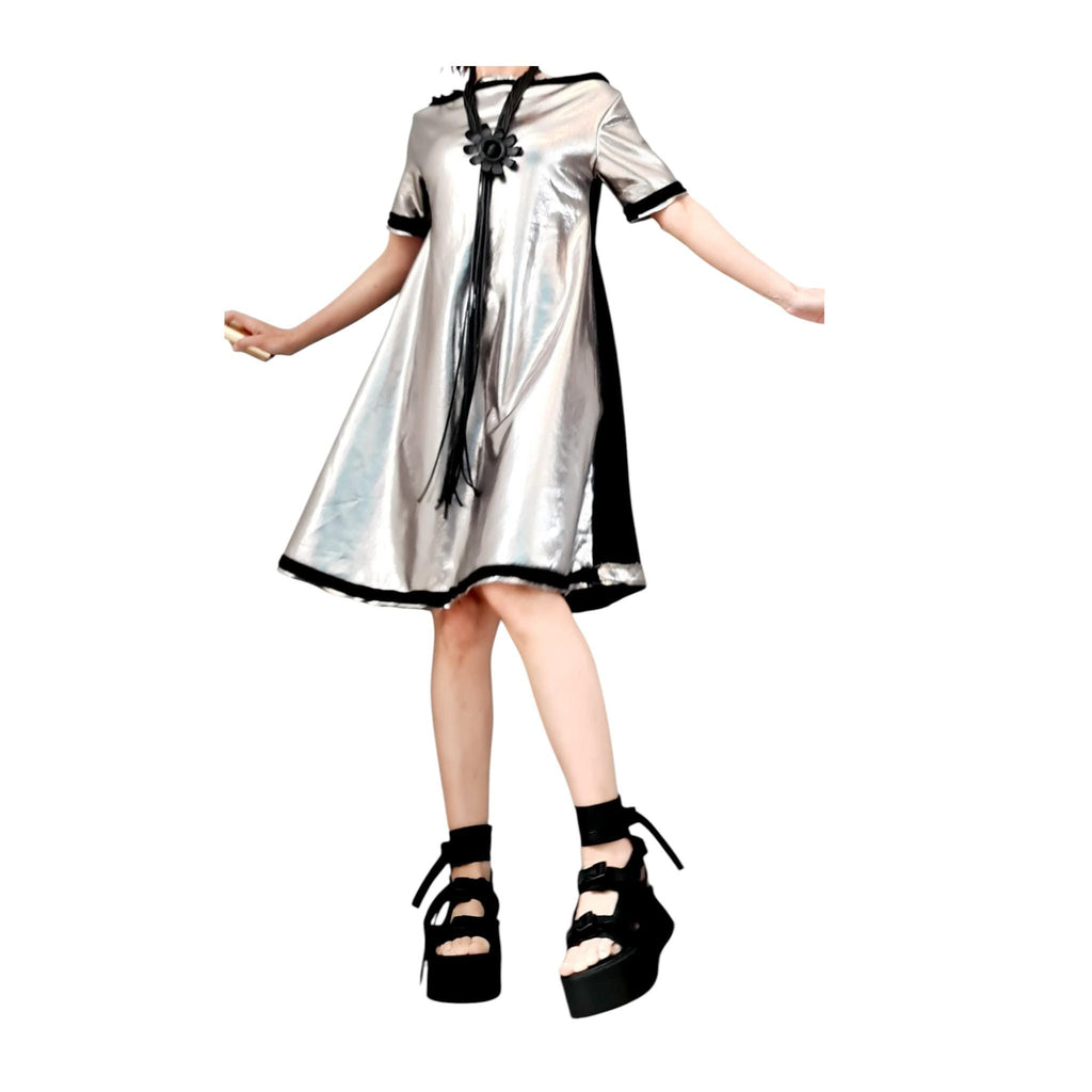 Black Silver Dress, Loose Cotton Tunic, Oversize A Line Short Sleeve Tunic