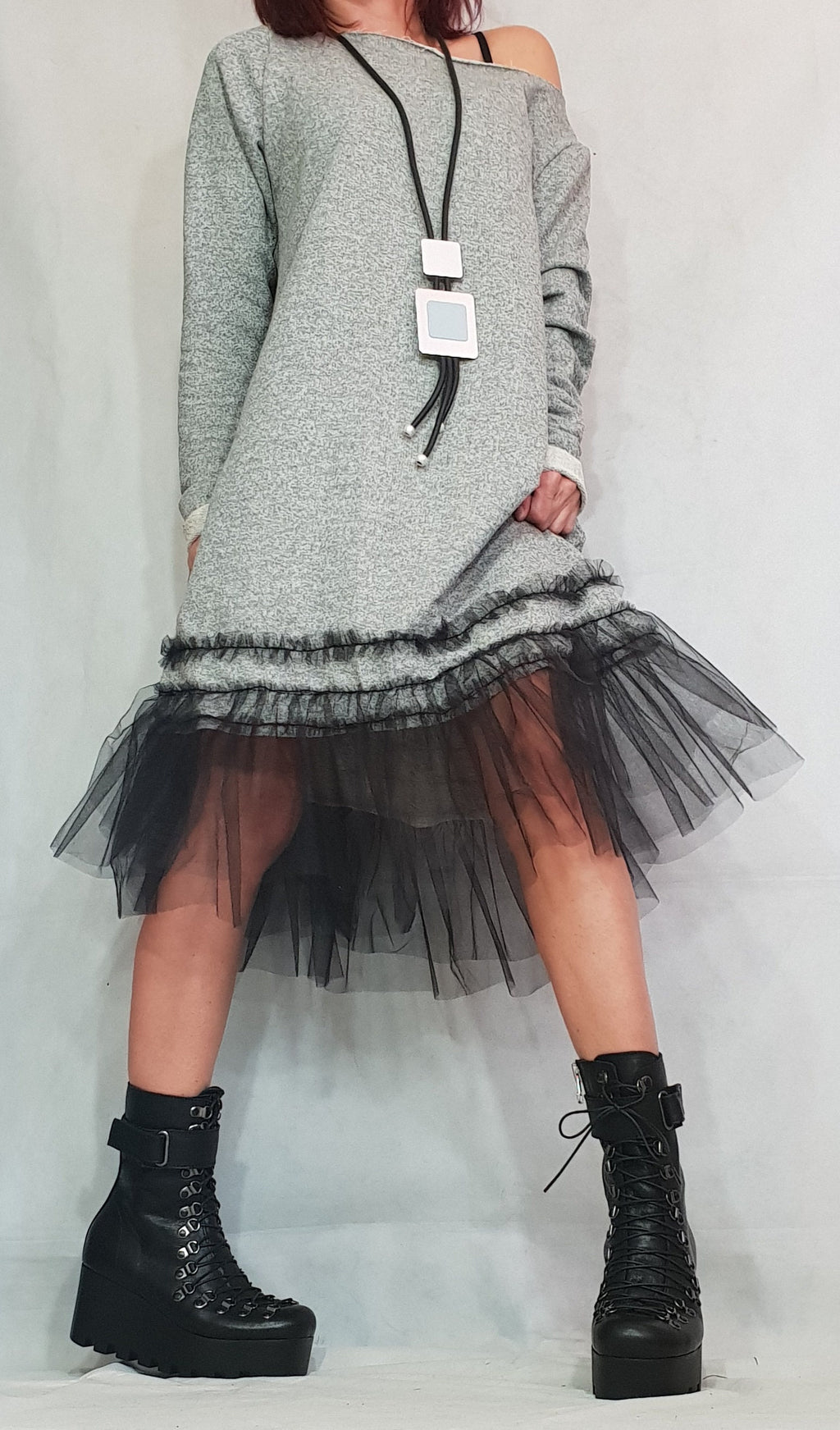 Asymmetrical Cotton Tunic Tulle Hem, Avant Garde Loose Dress, Steampunk Oversize Top, Long Sleeve