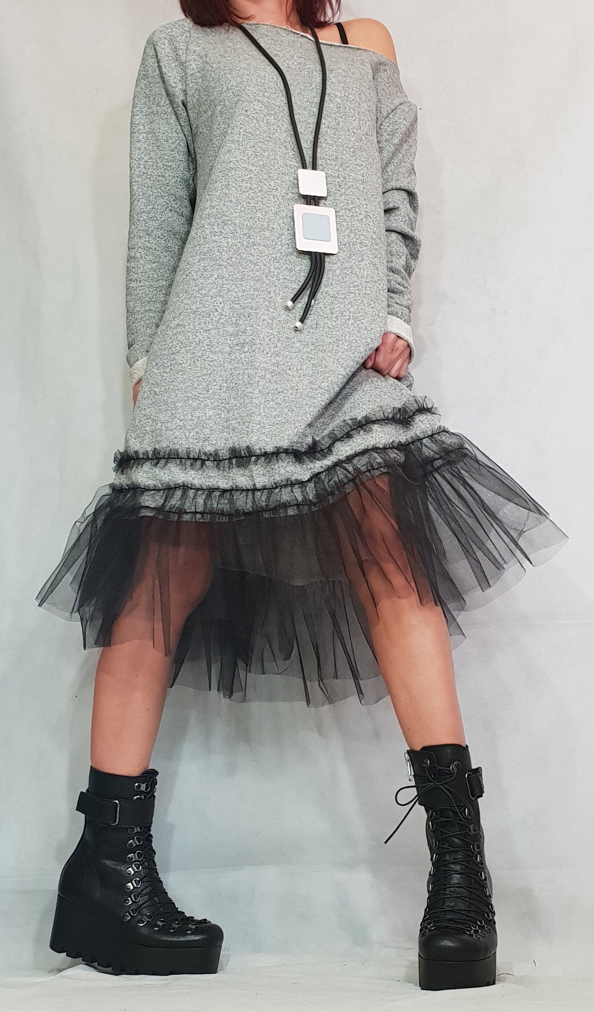 Asymmetrical Cotton Tunic Tulle Hem, Avant Garde Loose Dress, Steampunk Oversize Top, Long Sleeve