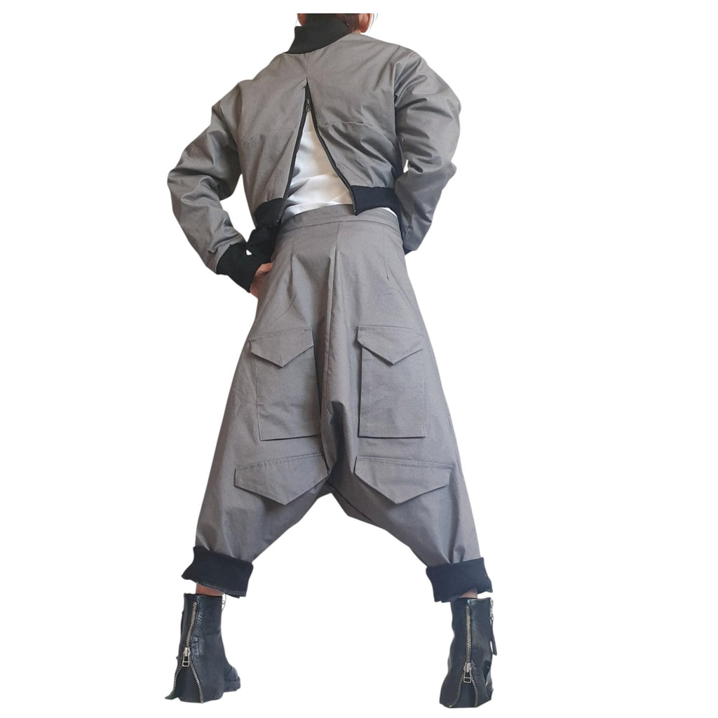 Grey Cropped Winter Bomber Jacket, Off Shoulder Neckline, Back Zip Opening
