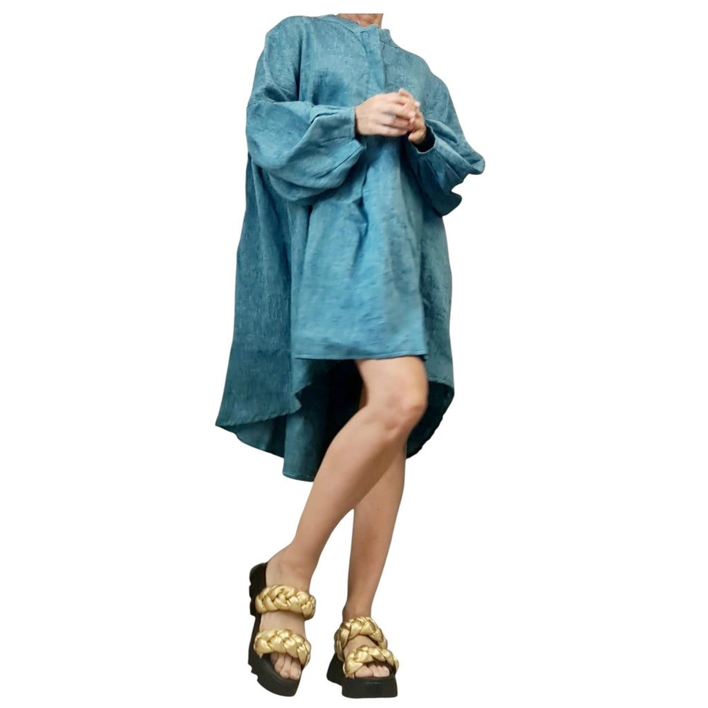 Linen Tunic Dress Women, Brown Summer Dress, Voluminous Sleeves, Loose Mini Clothing