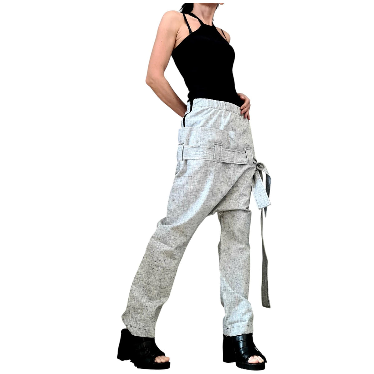 Linen Drop Crotch Pants, Double Waistband Trousers, Slim Tapered Leg