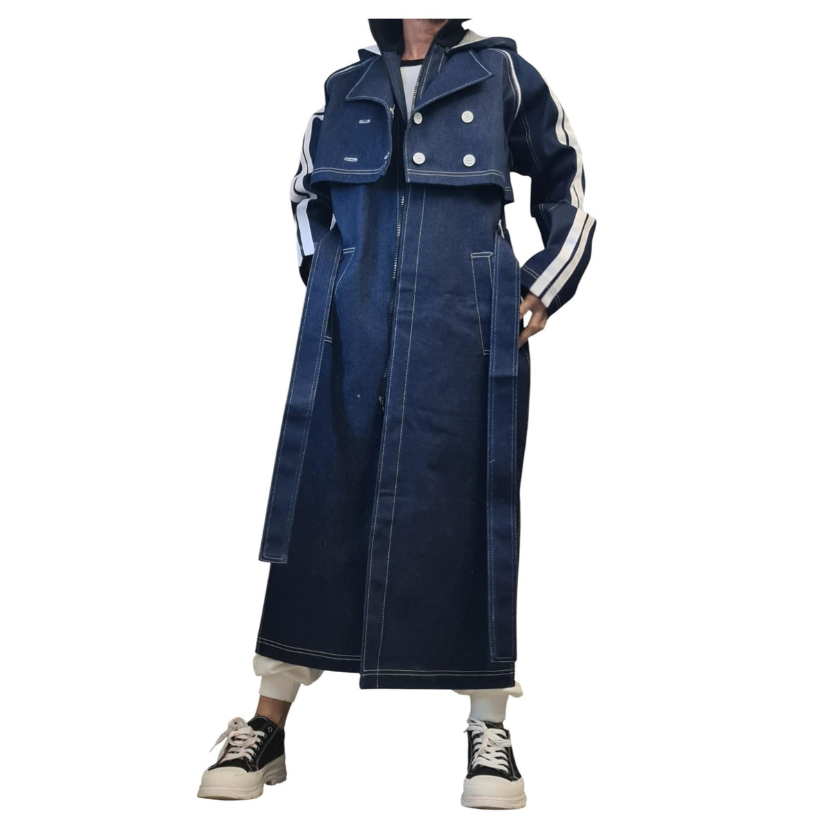 Denim Two Piece Trench Coat, Cropped Jacket and Long Hooded Vest, Oversized Asymmetrical Set