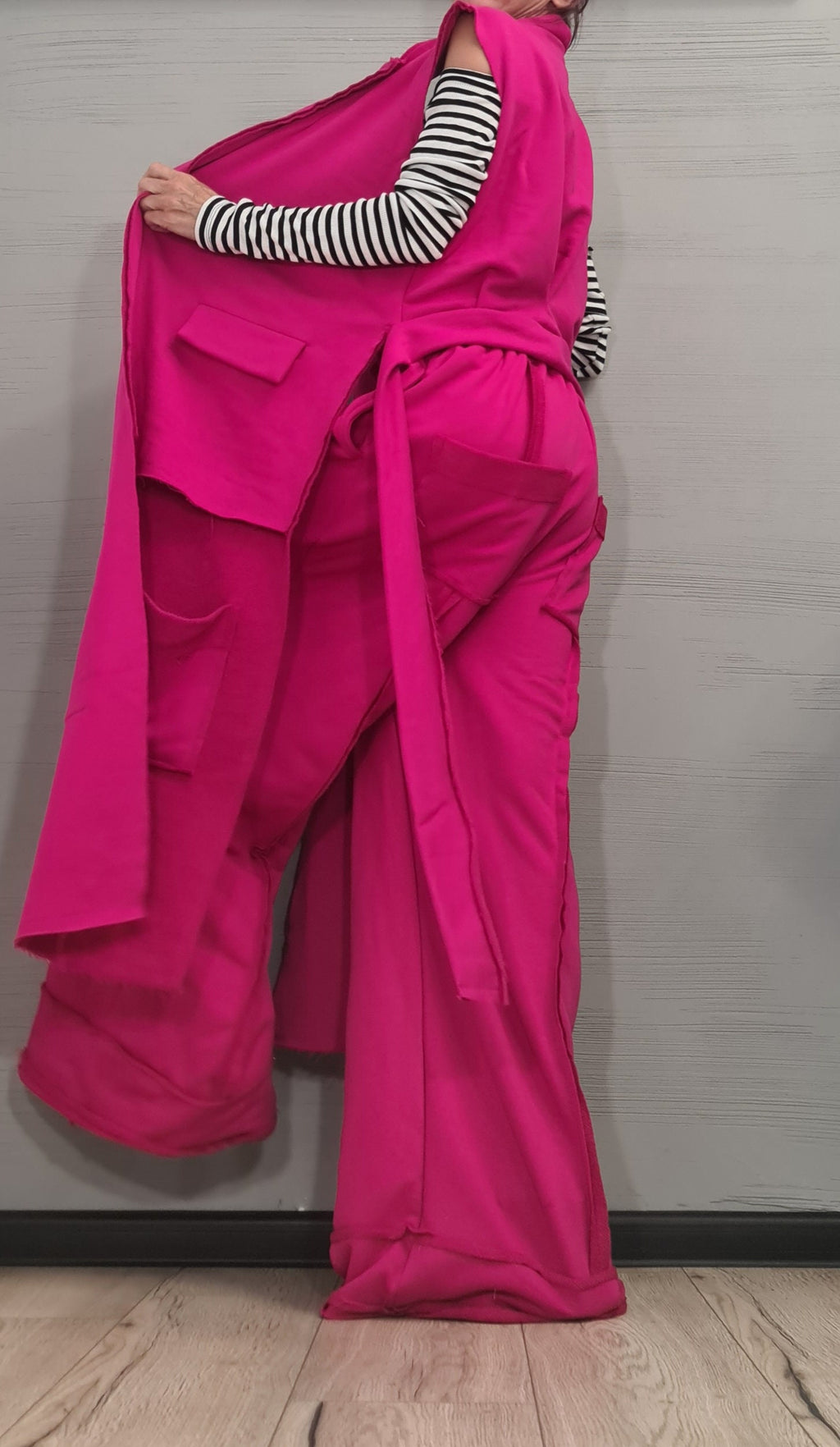 Fuchsia Cotton Wide-Leg Pants, Asymmetrical Long Short Vest, Two-Piece Co-Ord Set