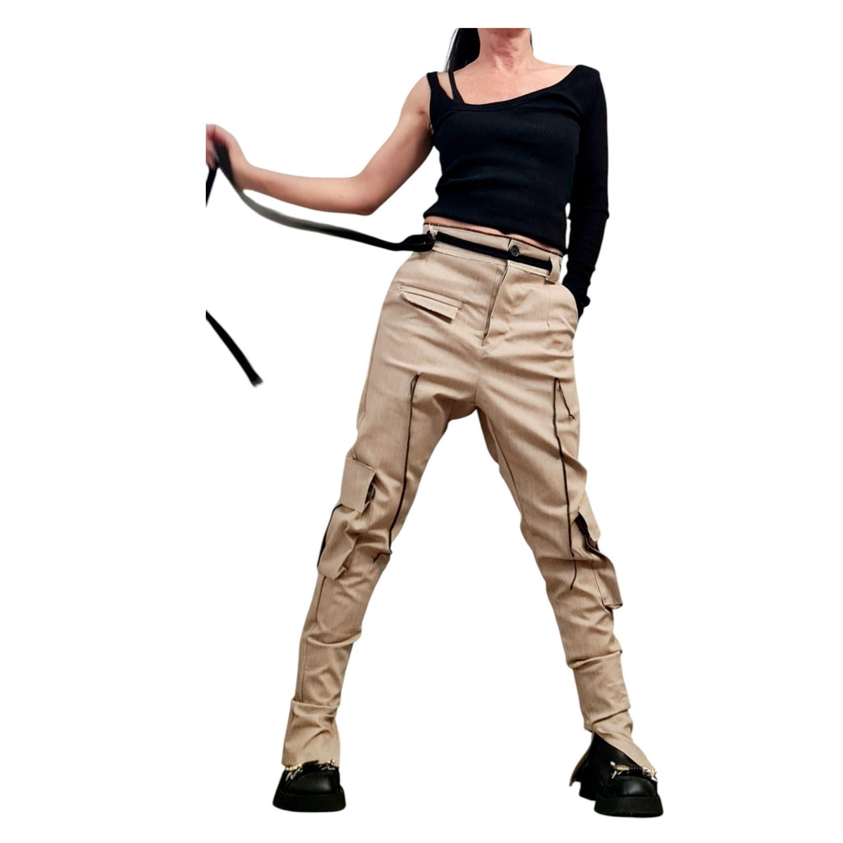 Extravagant Cargo Denim Pants, Fitted Casual Pants, Outer pockets