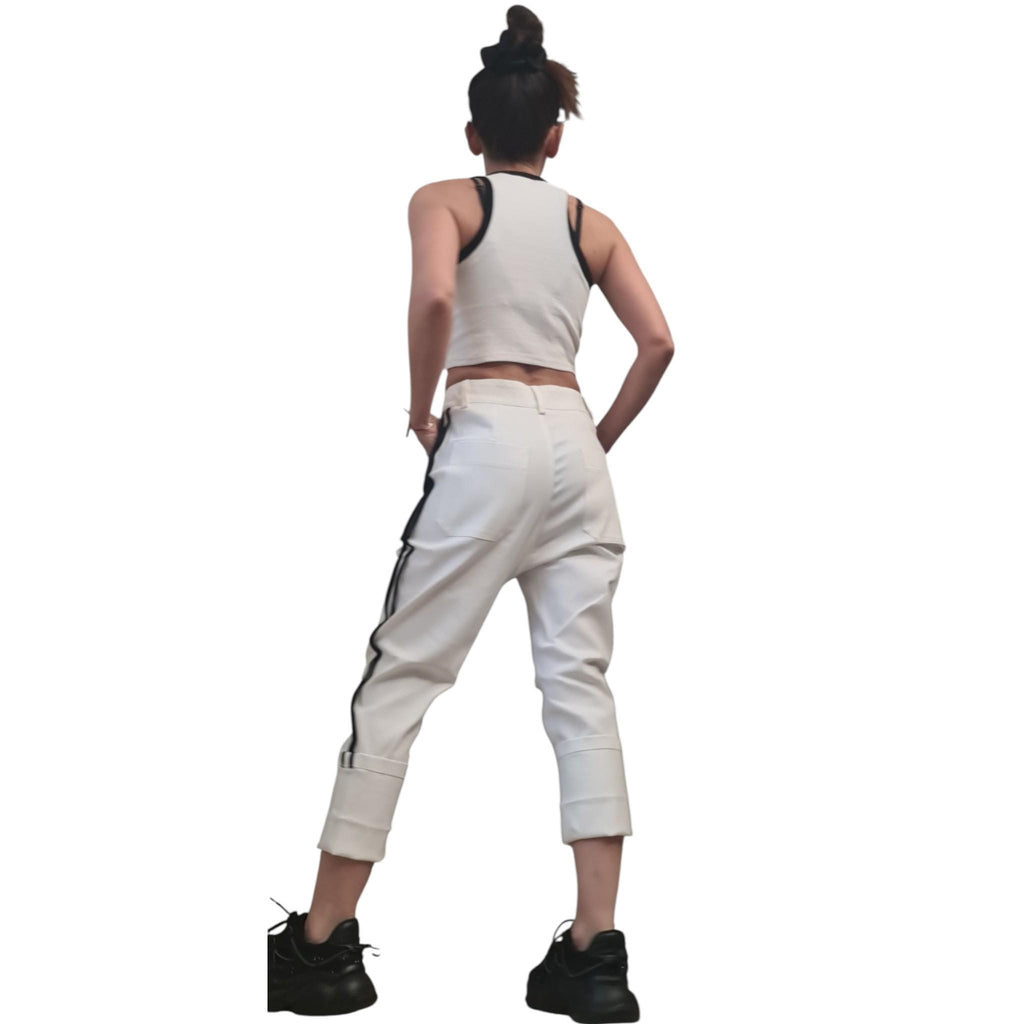 Black&Whit Denim Cargo Pants – Black Contrast Piping, Streetwear Trousers