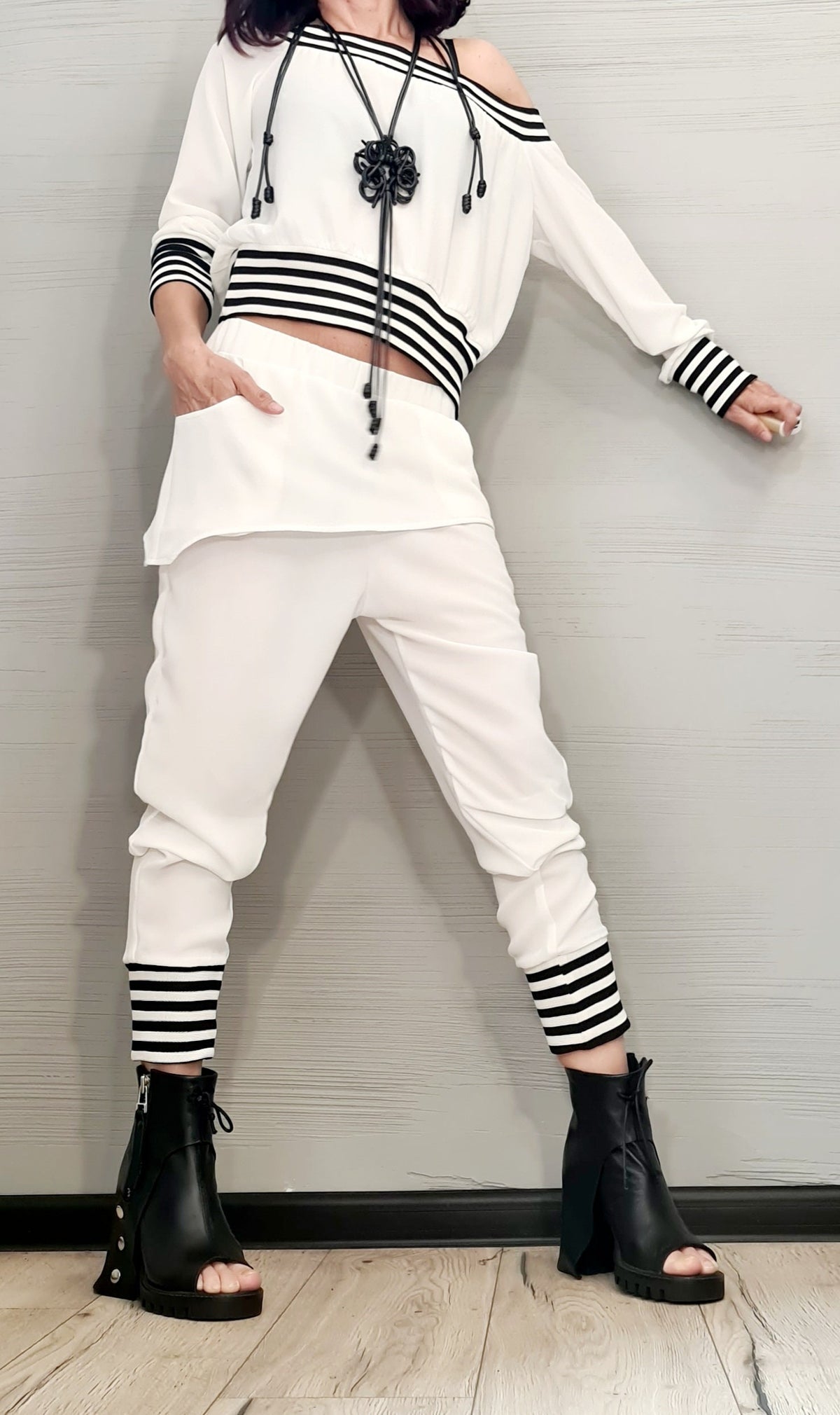 White Drop Crotch Harem Pants, Asymmetrical Off-Shoulder Cropped Blouse, Striped Trim, Two-Piece Co-Ord Set