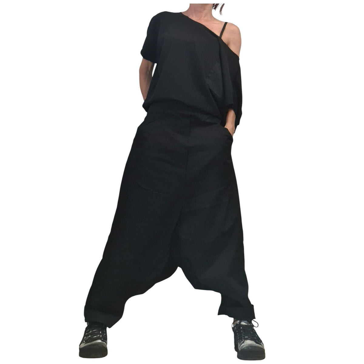 Black Gothic Harem Jumpsuit, Loose Drop Crotch Overall, Open Back Sleeveless Oversize Romper