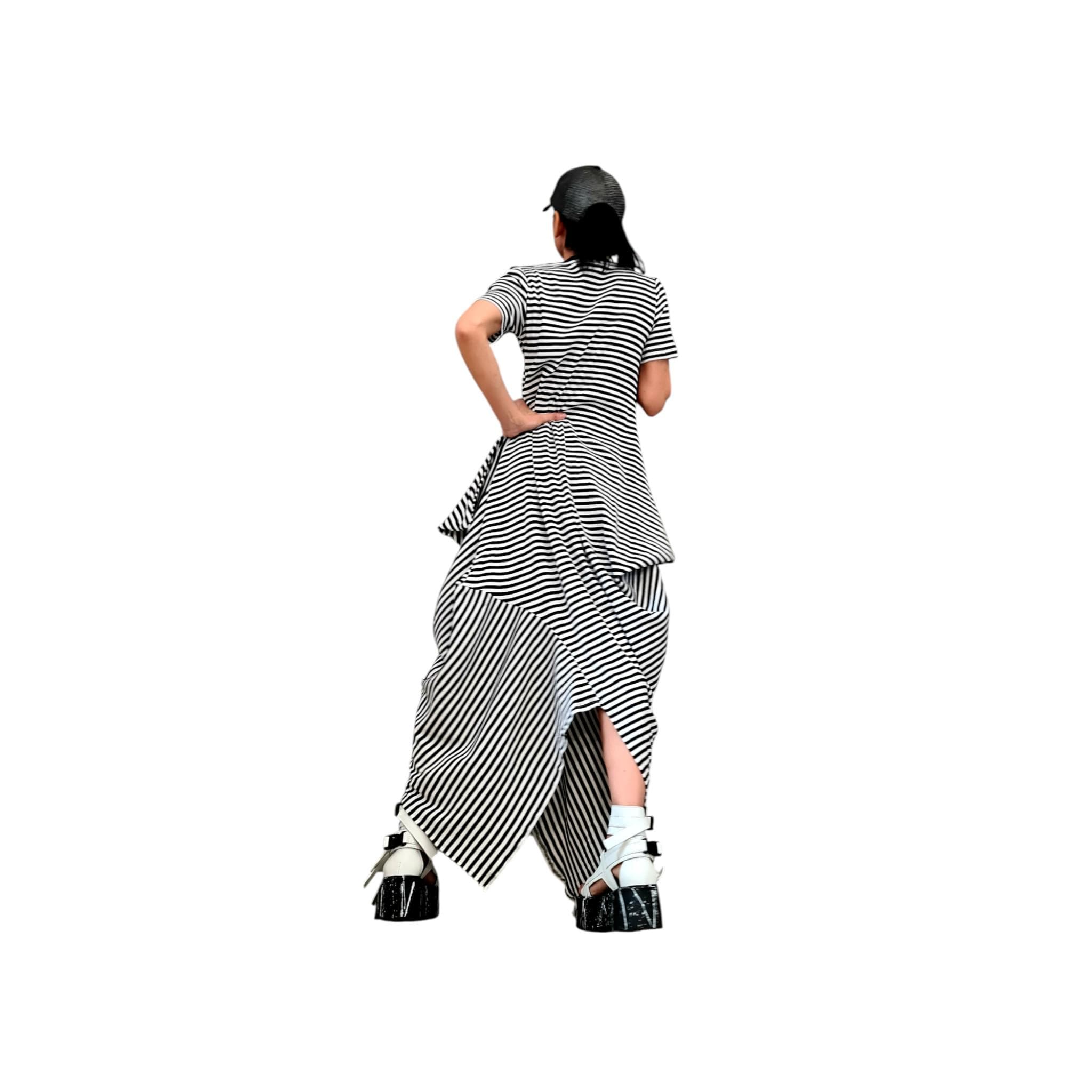 Striped Cotton Dress, French Terry Asymmetric Dress High Low Hem, Oversized Avant Garde Fashion
