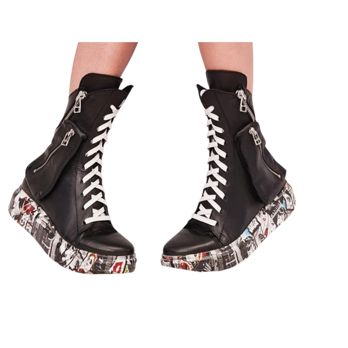 Handmade Black Leather Boots, Conceptual Design, High Top Statement Footwear