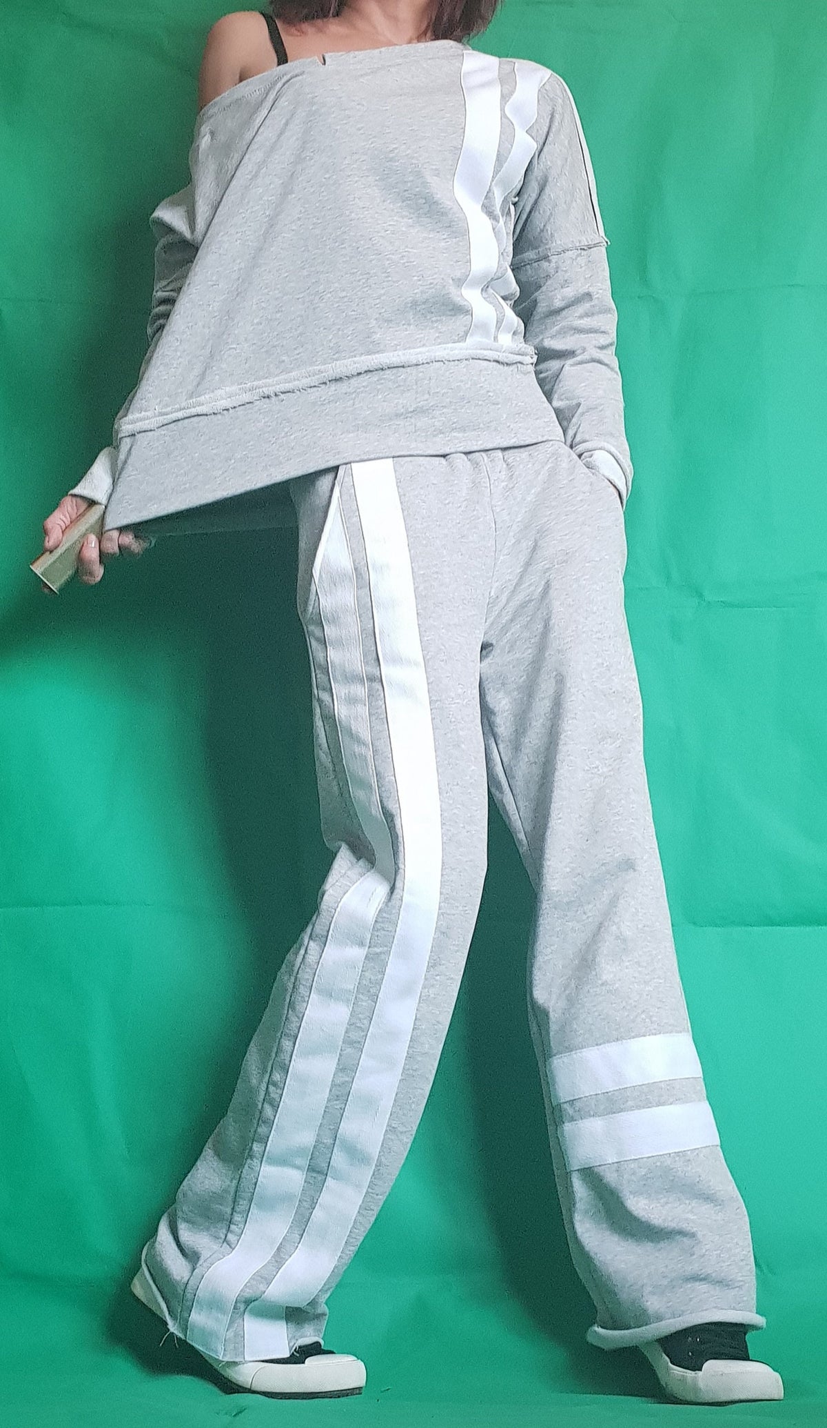 Grey Cotton Wide Leg Pants, Asymmetrical Off Shoulder Blouse, White Stripes, Two-Piece Co-Ord Set