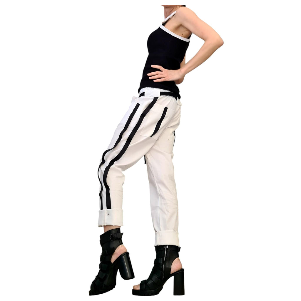 White Cotton Tapered Pants, Double Side Stripes, Drop Crotch